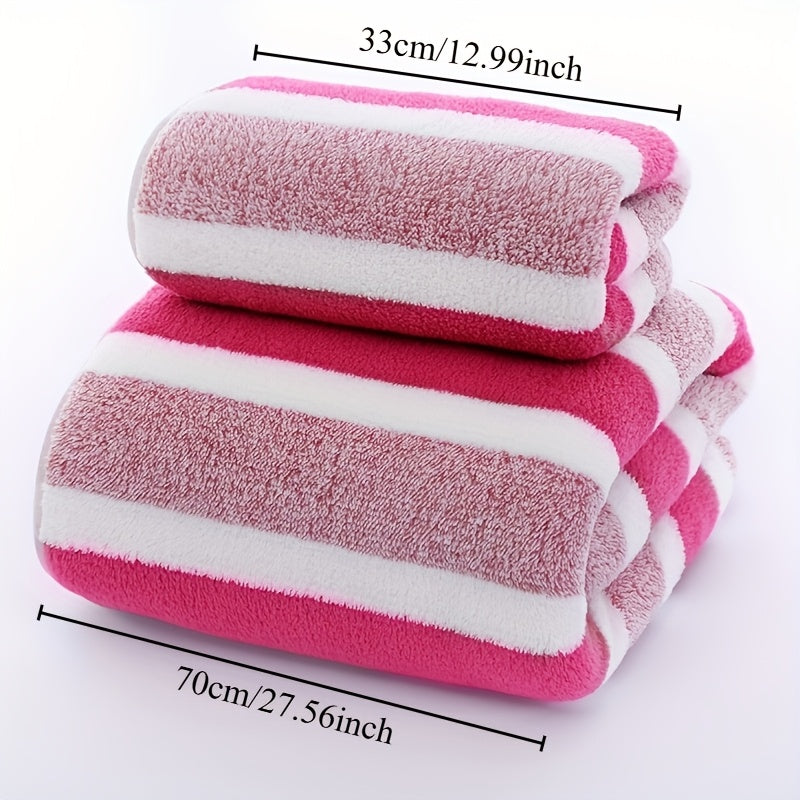 1 Set of Coral Fleece Bath Towels, 100% polyester, 239gsm, soft and absorbent with striped design and edging, perfect for face and body, including wash cloths.