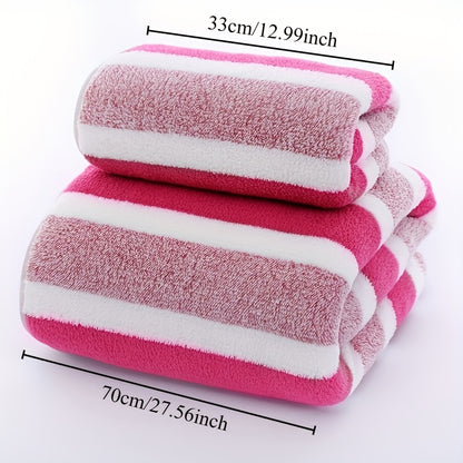 1 Set of Coral Fleece Bath Towels, 100% polyester, 239gsm, soft and absorbent with striped design and edging, perfect for face and body, including wash cloths.