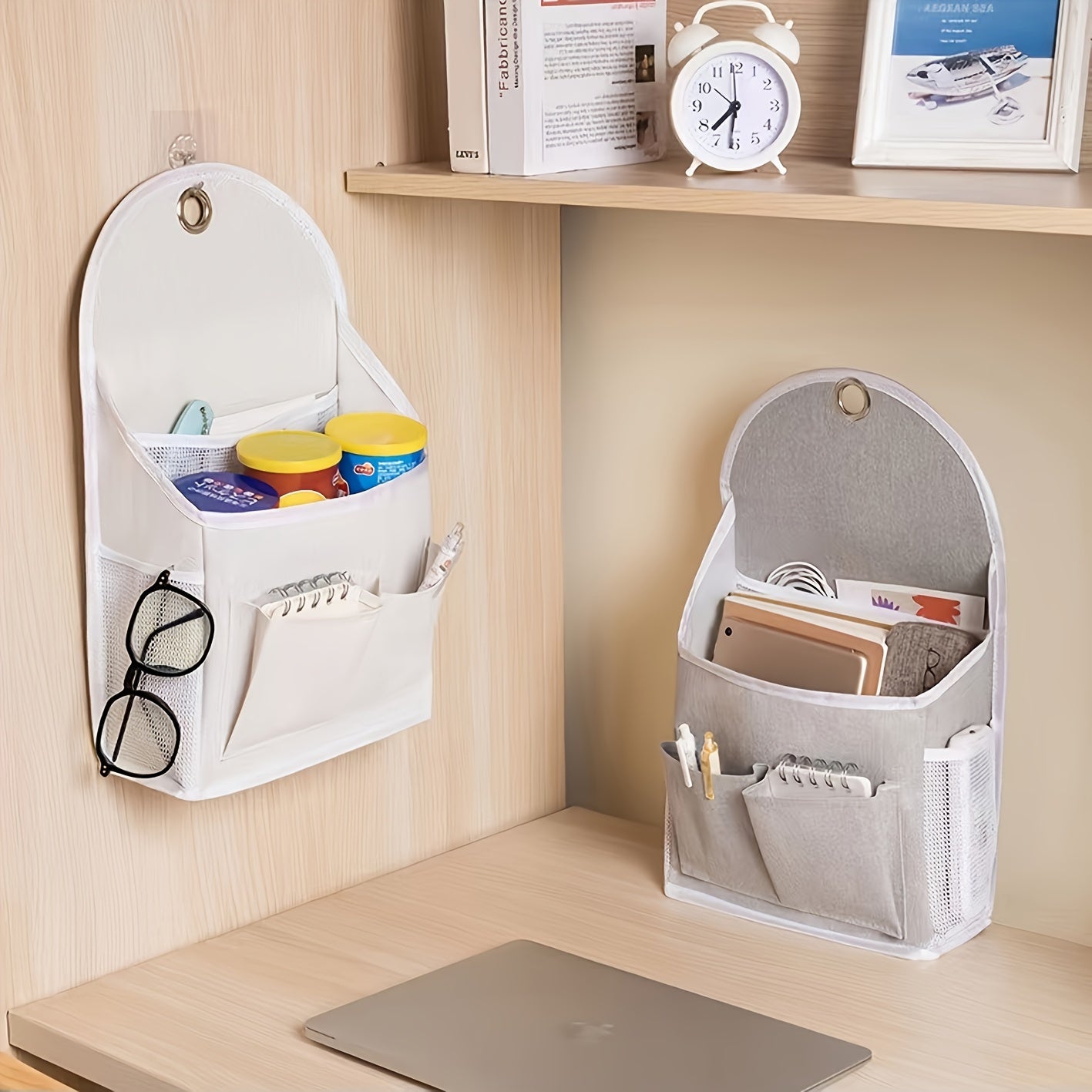 Wall-mounted storage organizer with dual pockets and mesh side compartment, ideal for dorms, wardrobes, homes, and offices. Comes in beige and grey, made of other materials.