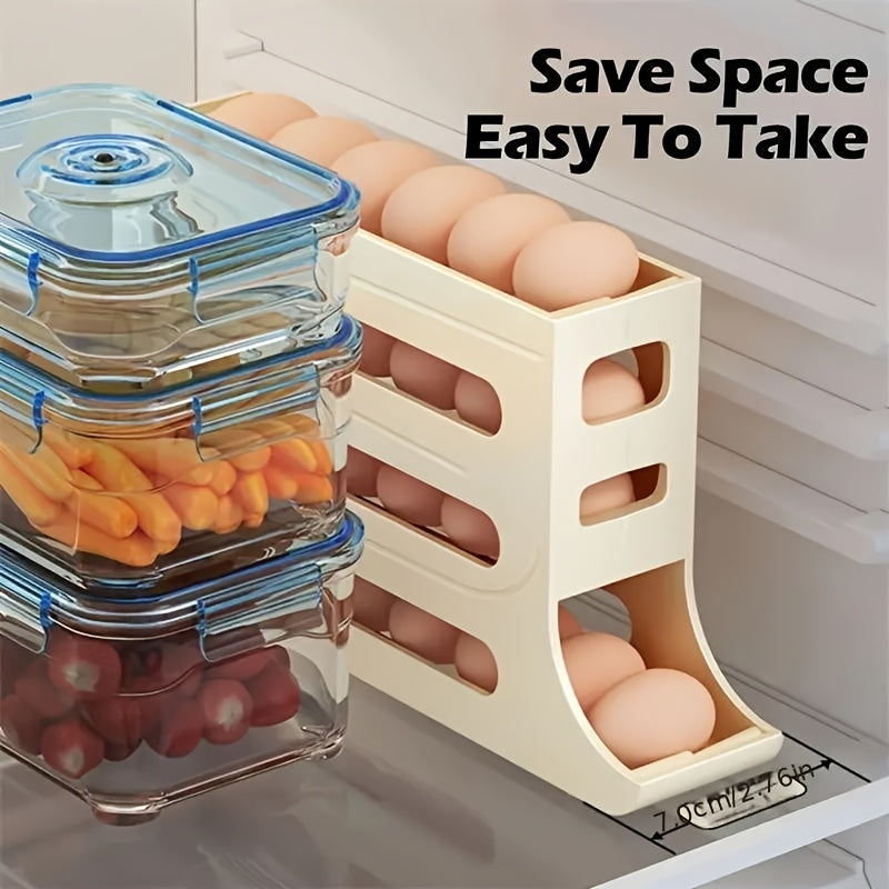 Egg holder for refrigerator with large capacity, stackable design. BPA-free plastic and no batteries required. Keep eggs fresh in the kitchen fridge.