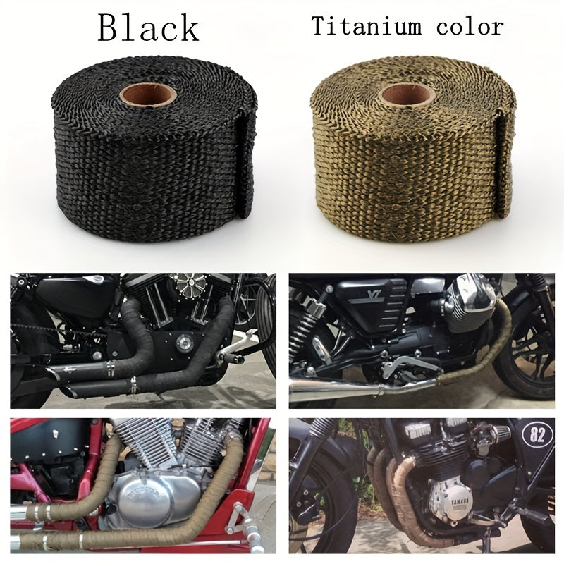 Durable 196.5-inch fiberglass tape heat resistant up to 1200°C, suitable for exhaust wrapping in automotive and motorcycle applications. Ideal for metal surfaces, pipes, and outdoor use.