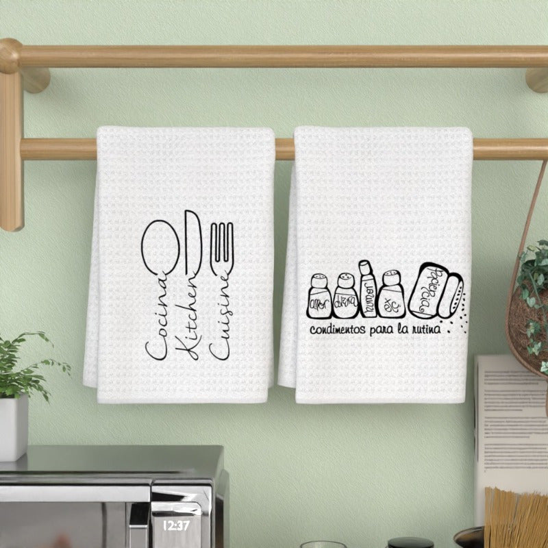 This duo of dish towels, measuring 18 by 66.04 cm, showcases witty kitchen quotes and fun illustrations. Ideal for a variety of uses such as cleaning, gym workout, or adding a stylish touch as decorative kitchen accessories. These absorbent hand towels