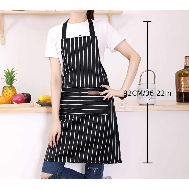 One or two adjustable aprons in a stylish black and white striped design, featuring a convenient pocket for both women and men in the home kitchen. Perfect for cooking, these chef aprons are essential kitchen supplies.