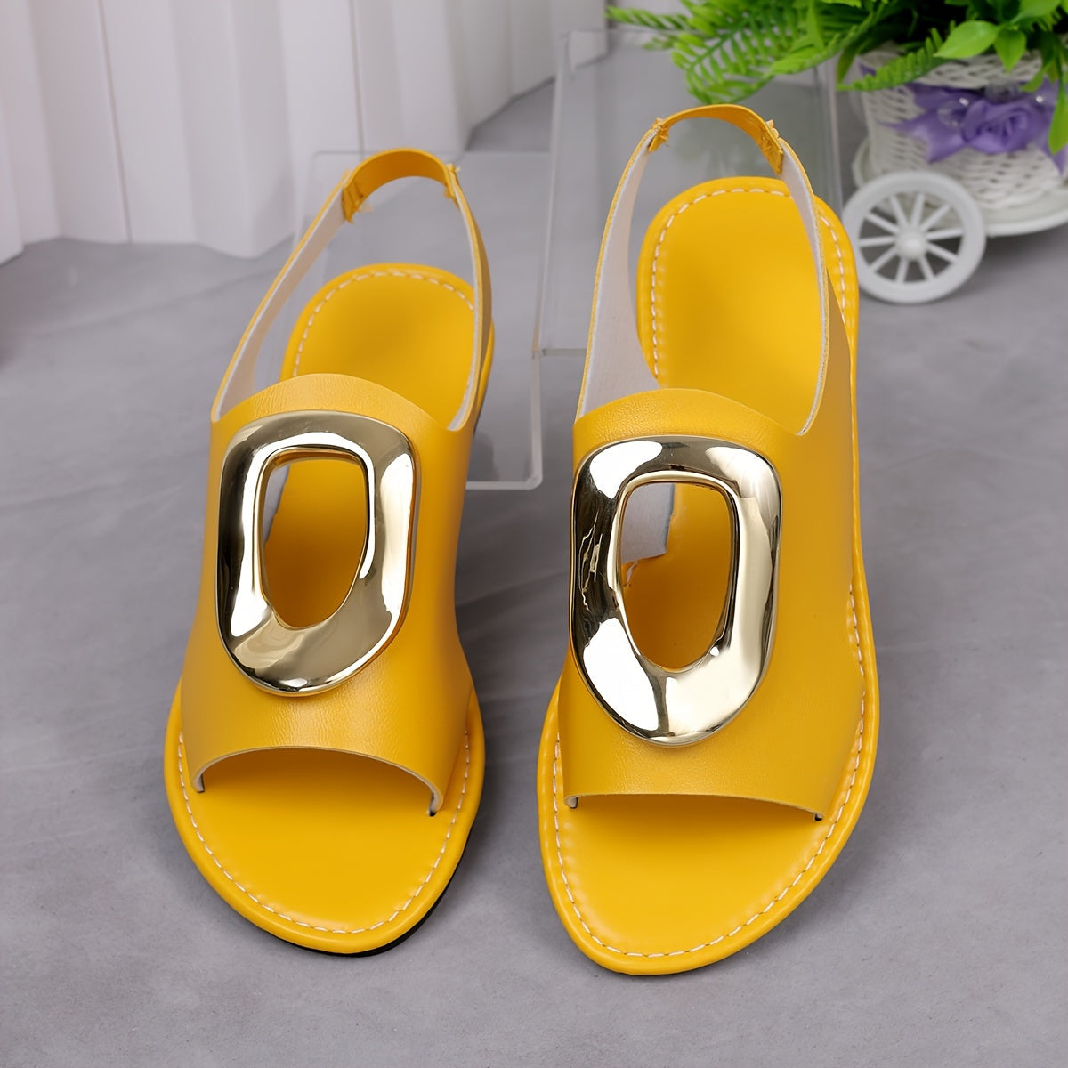 Flat, Lightweight Solid Color Sandals with Metallic Buckle Ankle Strap, Comfortable Beach Shoes