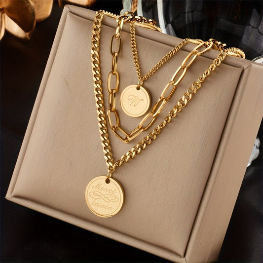 Elegant French-Inspired Three-Layer Necklace with Engraved Letter Pendants in 18k Gold Plated Stainless Steel, Featuring a Minimalist and Classic Style. Versatile Retro Design Perfect for Street Style, Daily Commute, Vacation, and Party Wear.