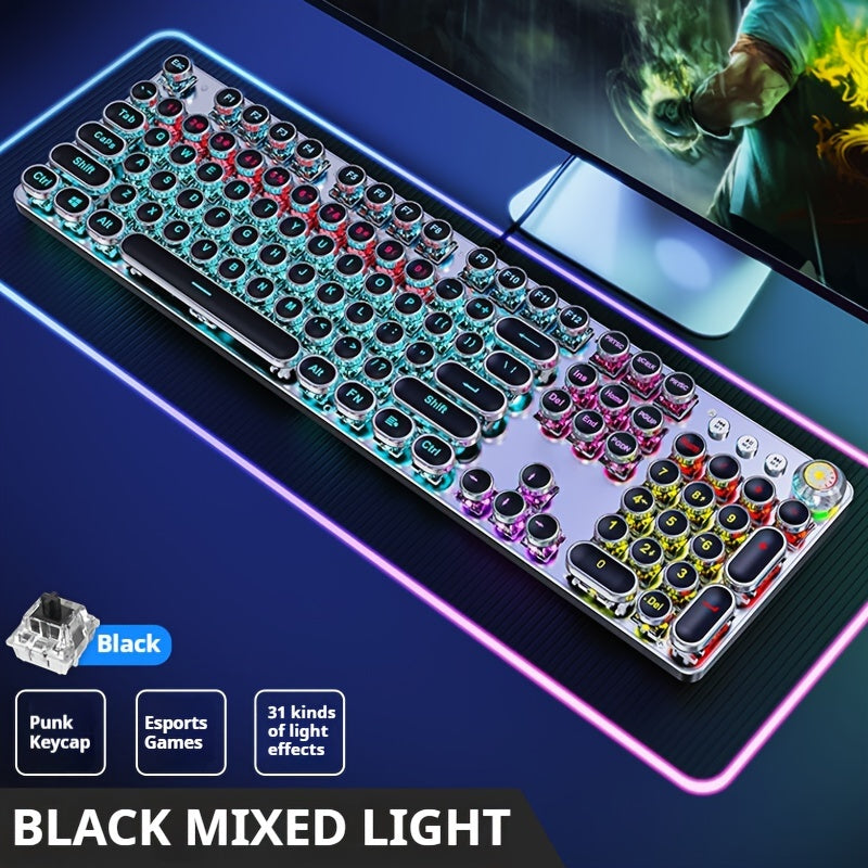 EWEADN Steampunk Mechanical Gaming Keyboard - Full Size with 104 Keys, Metal Panel, LED Backlit, USB Wired, Multimedia Knob, Black Switches, Ideal for Gamers and Office Use.