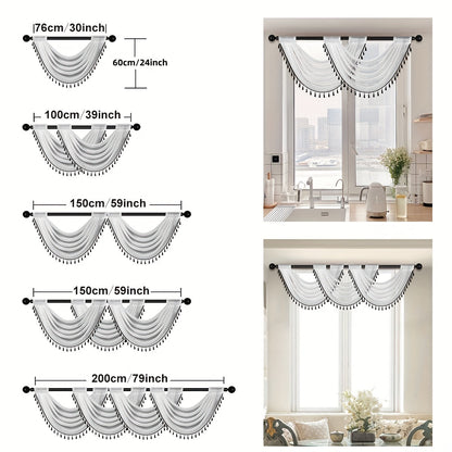 Fashionable Sheer Wave Curtain Valance with Tassels Edge - Light-Transmitting, Rod Pocket Design - Ideal for Living Room, Bedroom, or Kitchen Decor - Measures 30x24 Inches