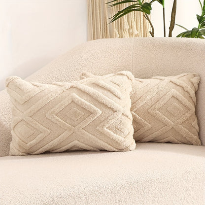 Pair of plush throw pillow covers in contemporary geometric pattern, hand wash only, 100% polyester zipper closure, beige wavy design for living room décor.