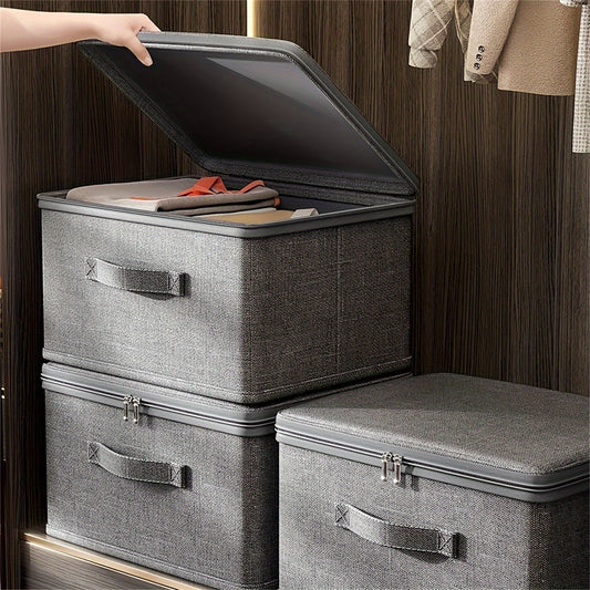 Rectangular fabric storage box with lid for clothes, office supplies, and home organization.