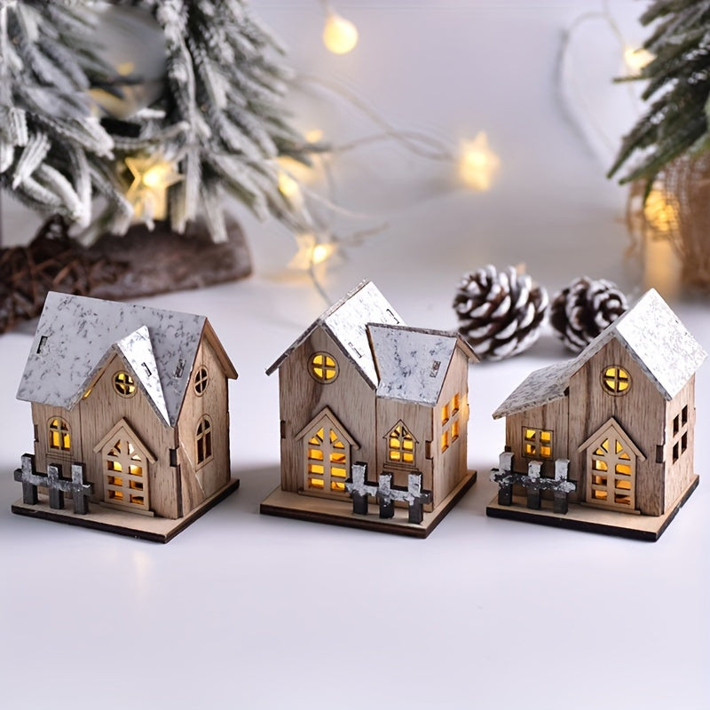 1pc Wooden House Ornaments for Christmas, Luminous LED Tabletop Decor