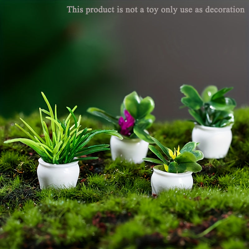 Set of 5 artificial mini potted plants for dollhouse decor or garden decoration.