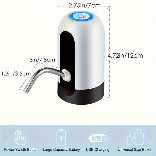 Portable USB rechargeable water pump ideal for camping and home use, automatically dispensing water for bottles ranging from 11.36-18.93 liters.