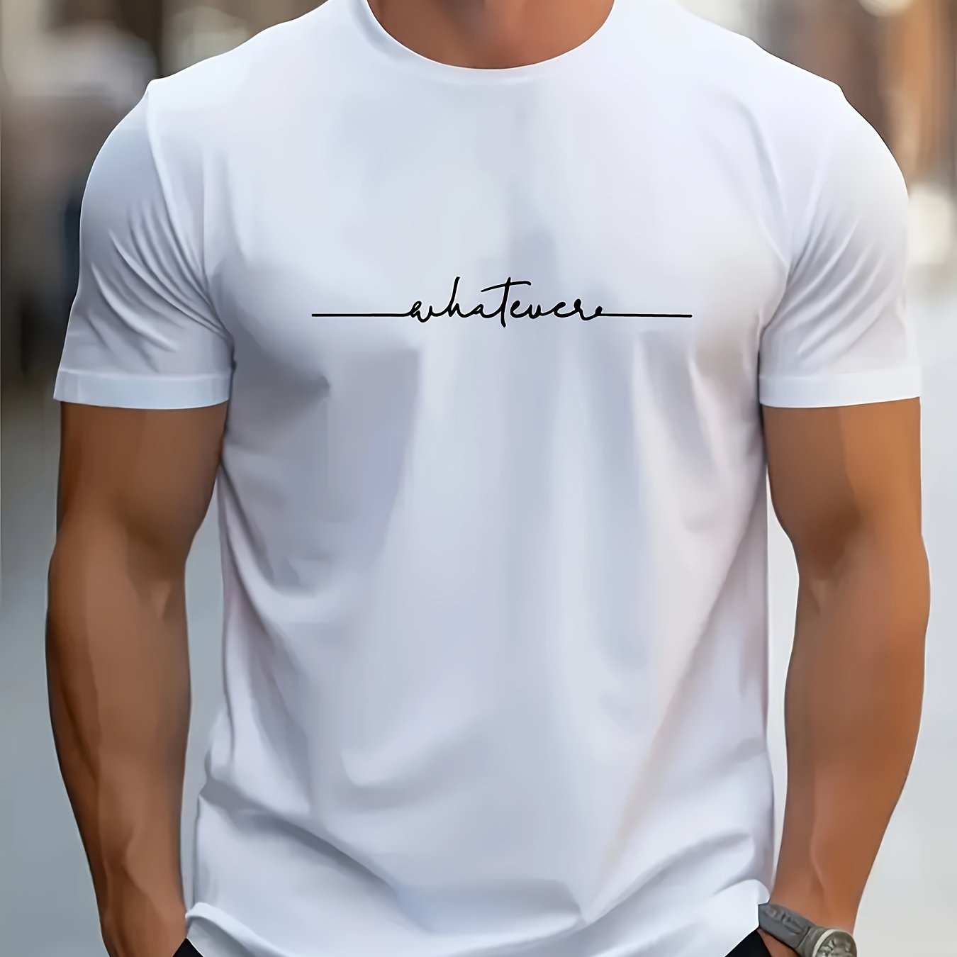 Men's casual fashion T-shirt with polyester blend, round neck, stretch knit, random print, summer top, regular fit, for home and sleepwear.