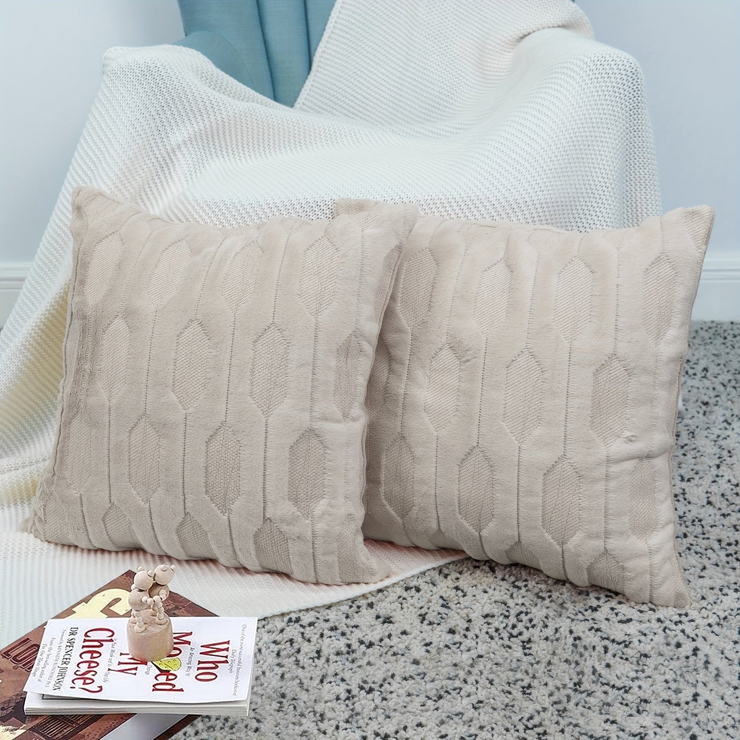 Soft and fluffy decorative pillow cover featuring Tatami embroidery in faux fur plush material, designed for stylish sofa, couch, chair, living room, or bedroom decor. (Insert not included)