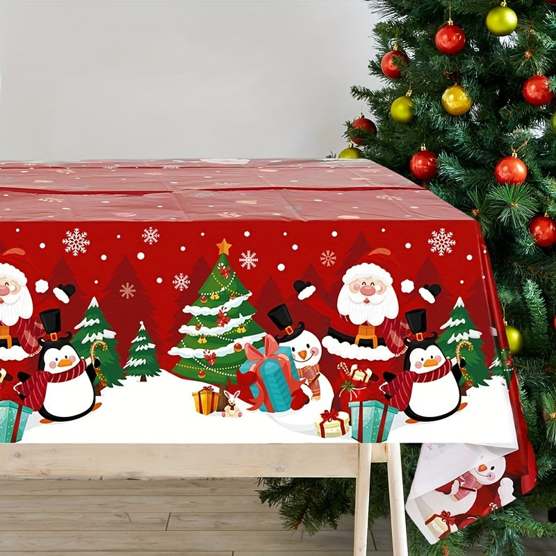 1 piece Christmas tablecloth featuring Santa, penguin, and snowflake design on red background. Made of smooth polyester, measuring 130x220cm. Ideal for parties, gifts, and home decor.