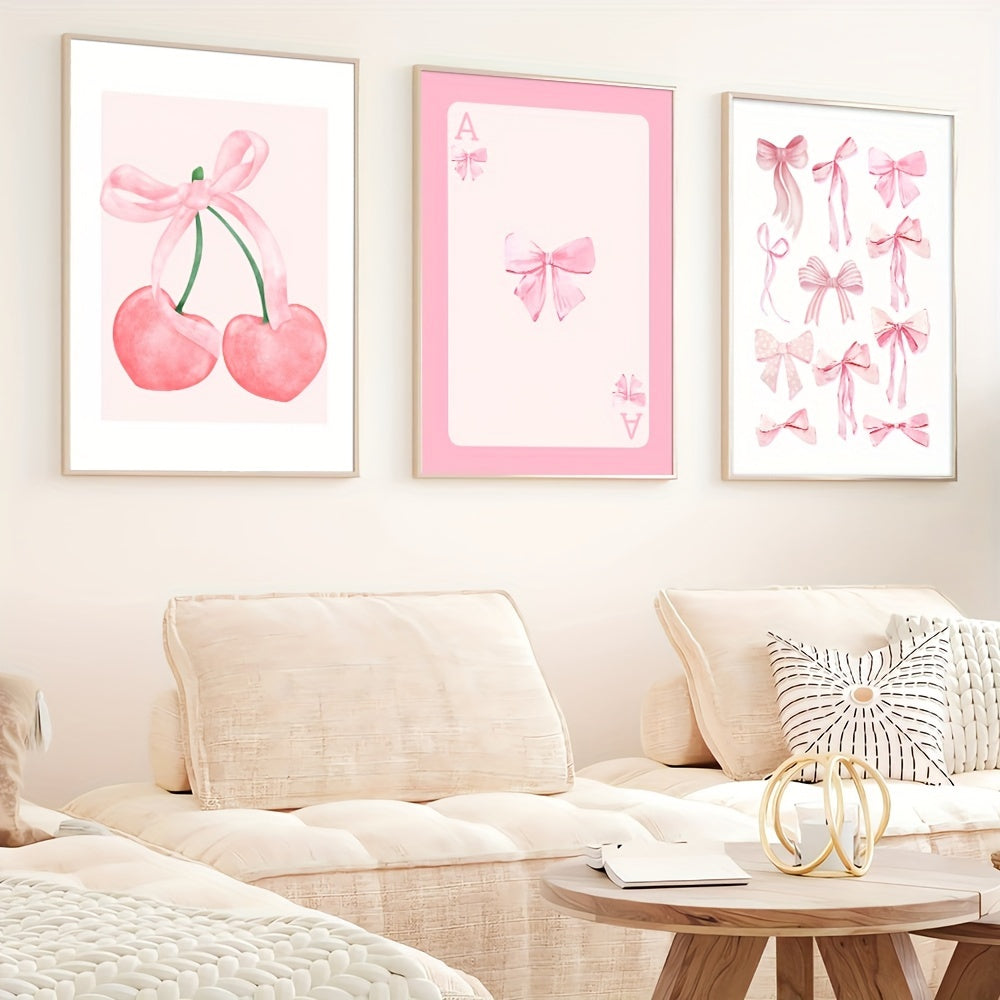 Set of 3 unframed pink cherry bow posters, ideal for home decor in living room, bedroom, girl room, dorm, or college apartment. Great gift idea.