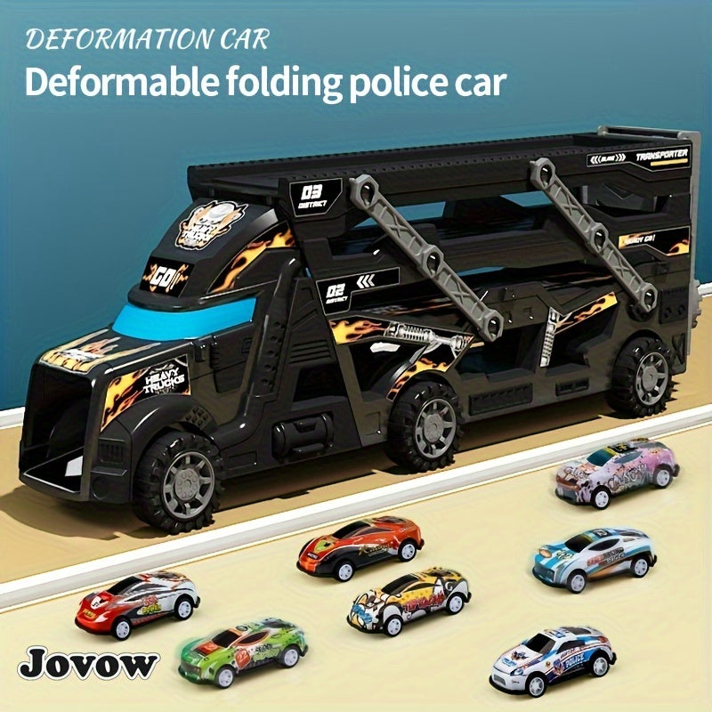 Jovow Transforming Police Toy Car includes 8 mini cars, retractable design, black with blue flames and racing car graphics. Perfect gift for boys and girls for imaginative play.