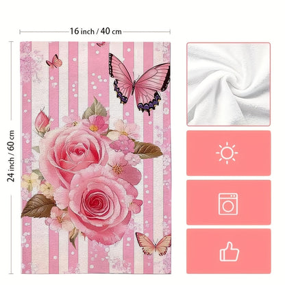 Set of 2 Kitchen Towels featuring pink roses and butterflies. Ideal for holiday decor, these ultra soft and highly absorbent dish hand towels are perfect for your kitchen. Machine washable and measuring 16x24 inches. Get the 2KYSYS1225249 design as a