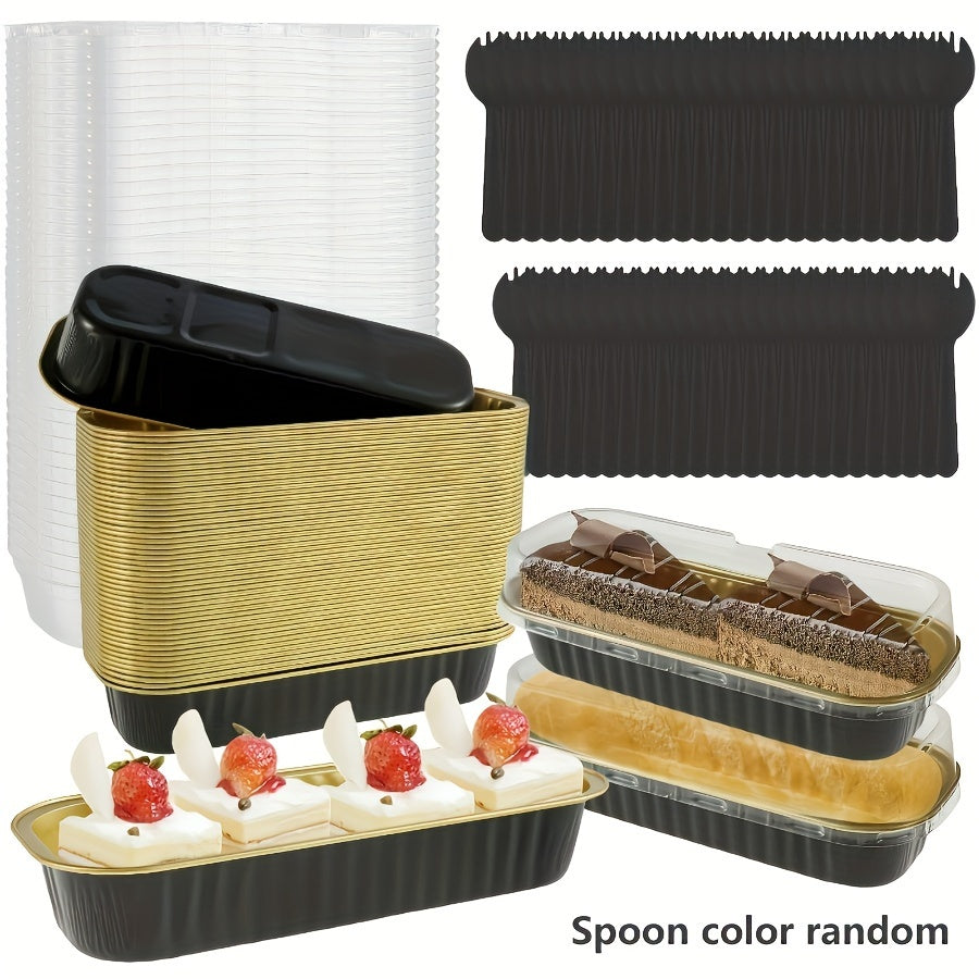 150 pieces of Mini Cake Pans with Lids and Spoons: 6.76 ounces Non-Stick Foil Baking Pans, Reusable Aluminum Foil Loaf Pans, Rectangular Foil Bread Containers, Portable Baking Cupcake Liners for Home Kitchen use.