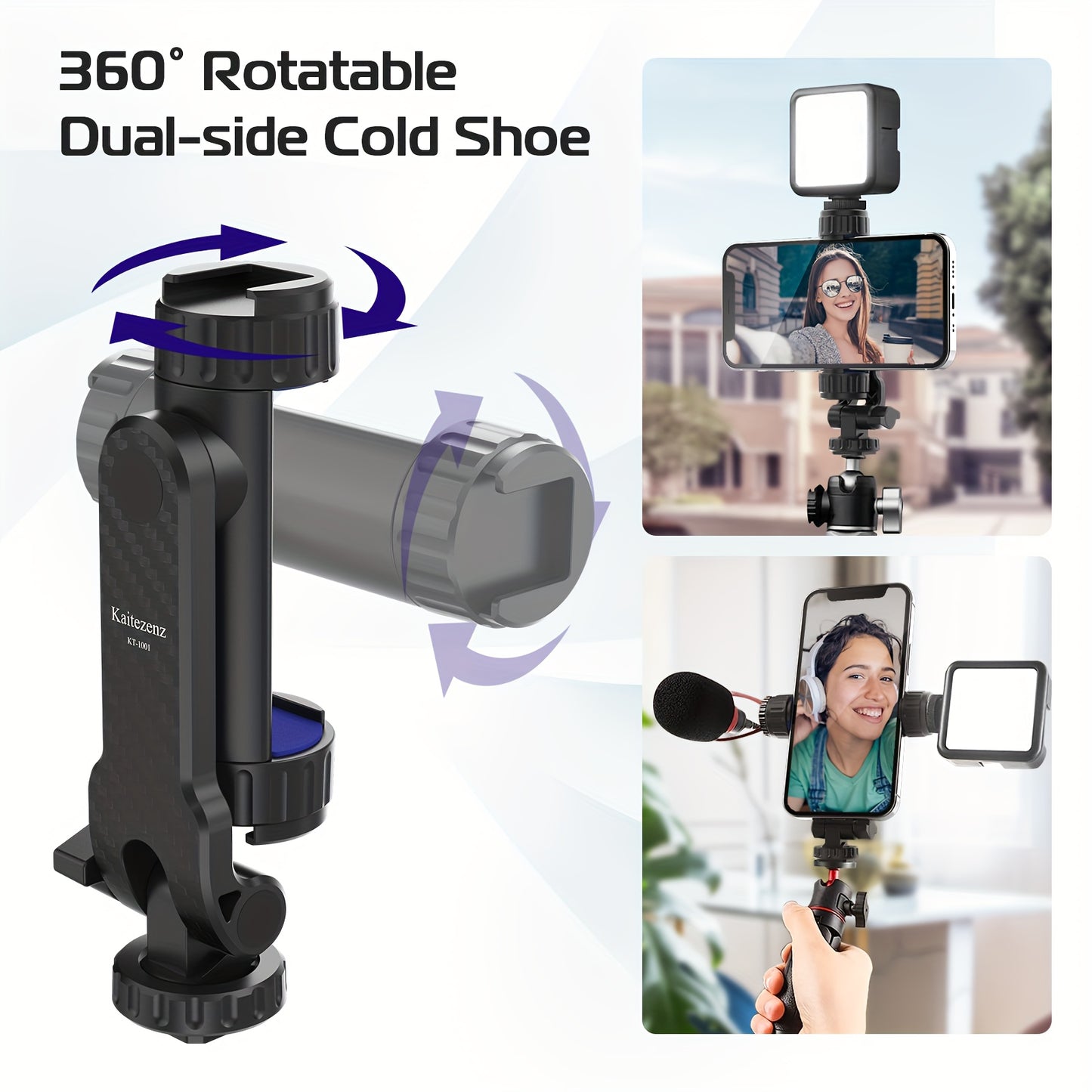 Mobile phone holder tripod with 2 cold boots, 360-degree rotation, compatible with all smartphones.