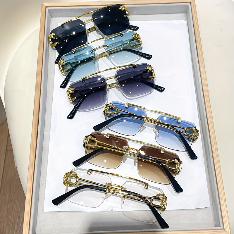 6pcs Frameless Glasses with Ocean Color Lenses and Leopard Head Temple Decorations, Suitable for Driving, Beach, and Traveling in a Cycling Sports Style.