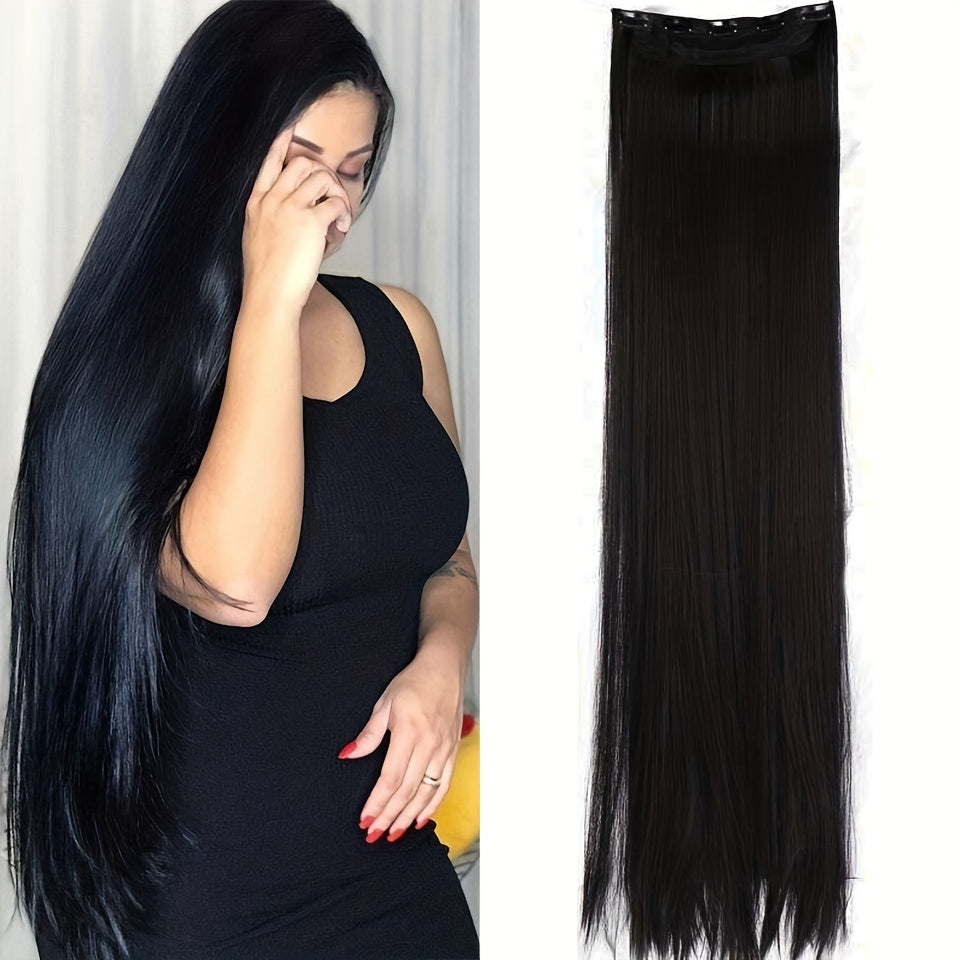 Long synthetic clip-in hair extensions for full head volume and length, easy to wear.