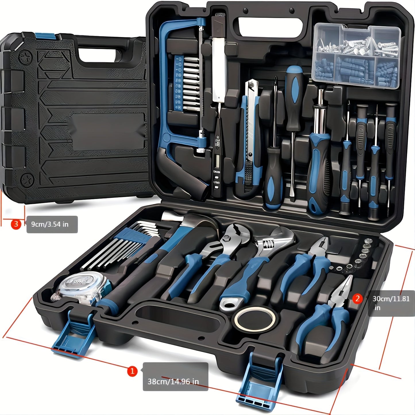 148 piece home tool kit with portable case, ratcheting screwdriver, hex key, pliers, wrench, tester - perfect gift for DIY enthusiasts.