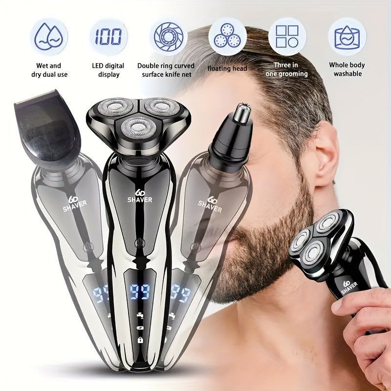 Men's 3-in-1 Electric Shaver with Nose Hair Trimmer, USB Rechargeable, Portable, 3D Floating Blade, Digital Display