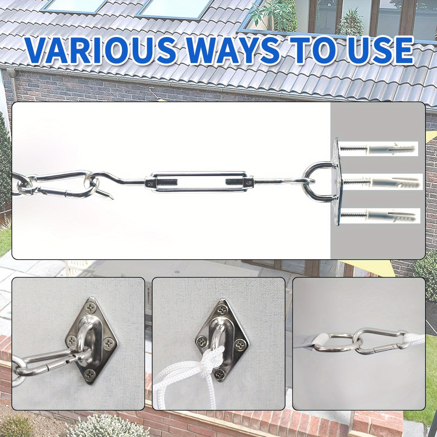 Heavy duty stainless steel hardware kit for attaching sun shade sails to gardens in various shapes and sizes.