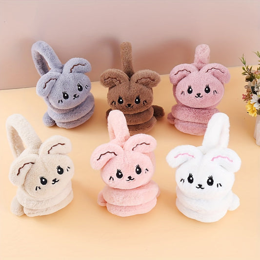 Korean Style Plush Warm Ear Muffs with Cute Cartoon Rabbit Design - Made of Knitted Polyester and Spandex, Hand Wash Only - Available in Multiple Colors