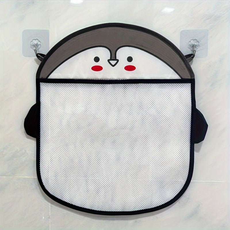 Penguin, hamster, and bear design bathroom storage organizer with water resistant mesh, suction cups for shower, and plastic hanging bag.