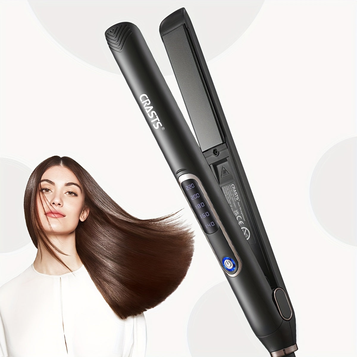 CRSTS Black Ceramic Hair Straightener & Curler with Digital Display, 220V, 35W, Dual-Use for Straight & Curly Styles, Professional Salon Quality, Type-C Plug.