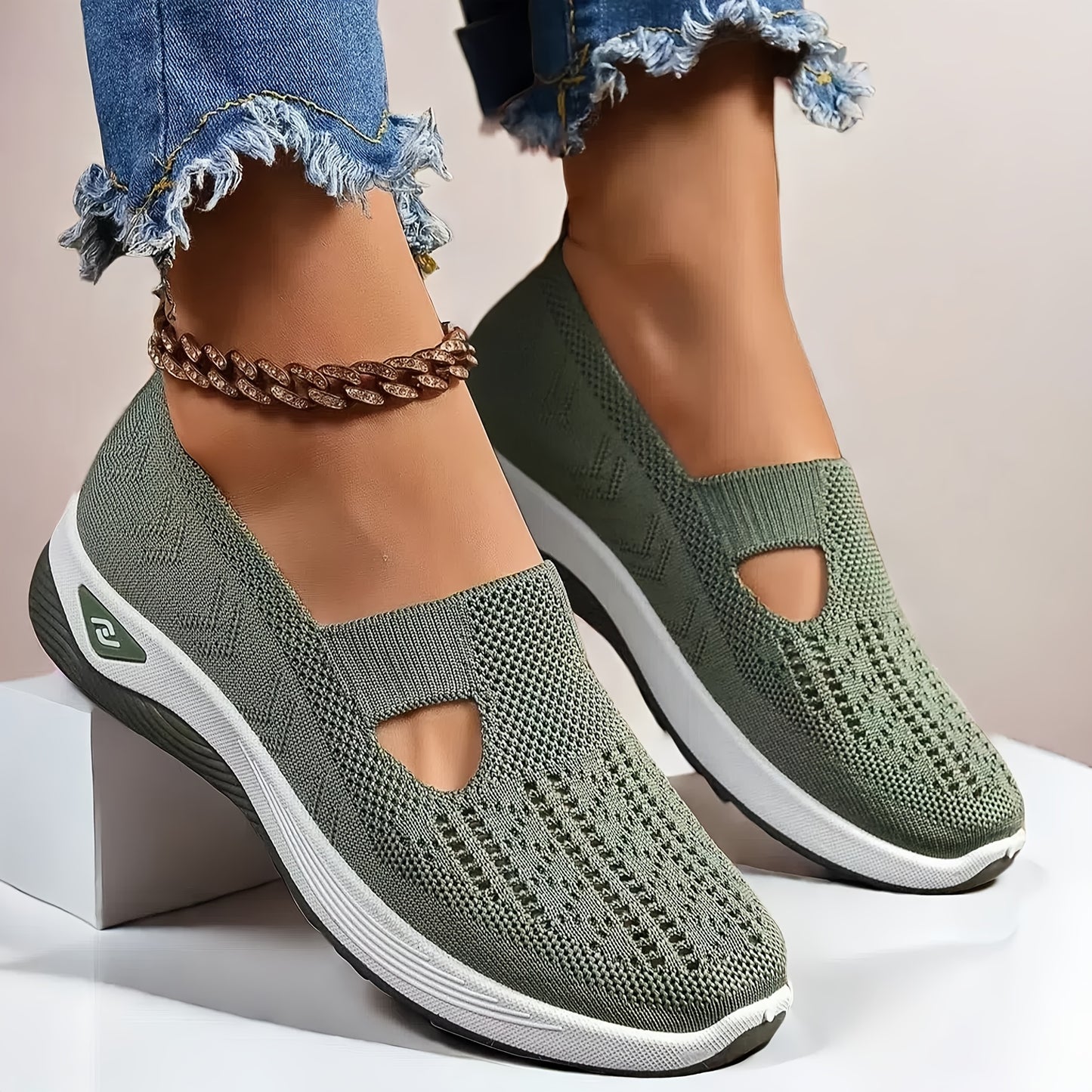 Women's lightweight knitted sneakers with PVC sole, fabric insole and upper, all-season wear, slip-on closure, machine washable.