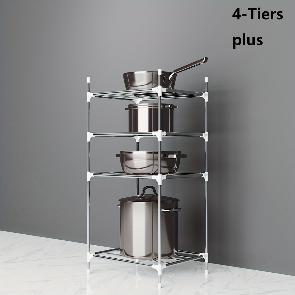 Multi-tier stainless steel storage shelf, ideal for organizing kitchen, bathroom, balcony, and rest room. Perfect for storing cookware, tableware, oven, microwave oven, and basin.