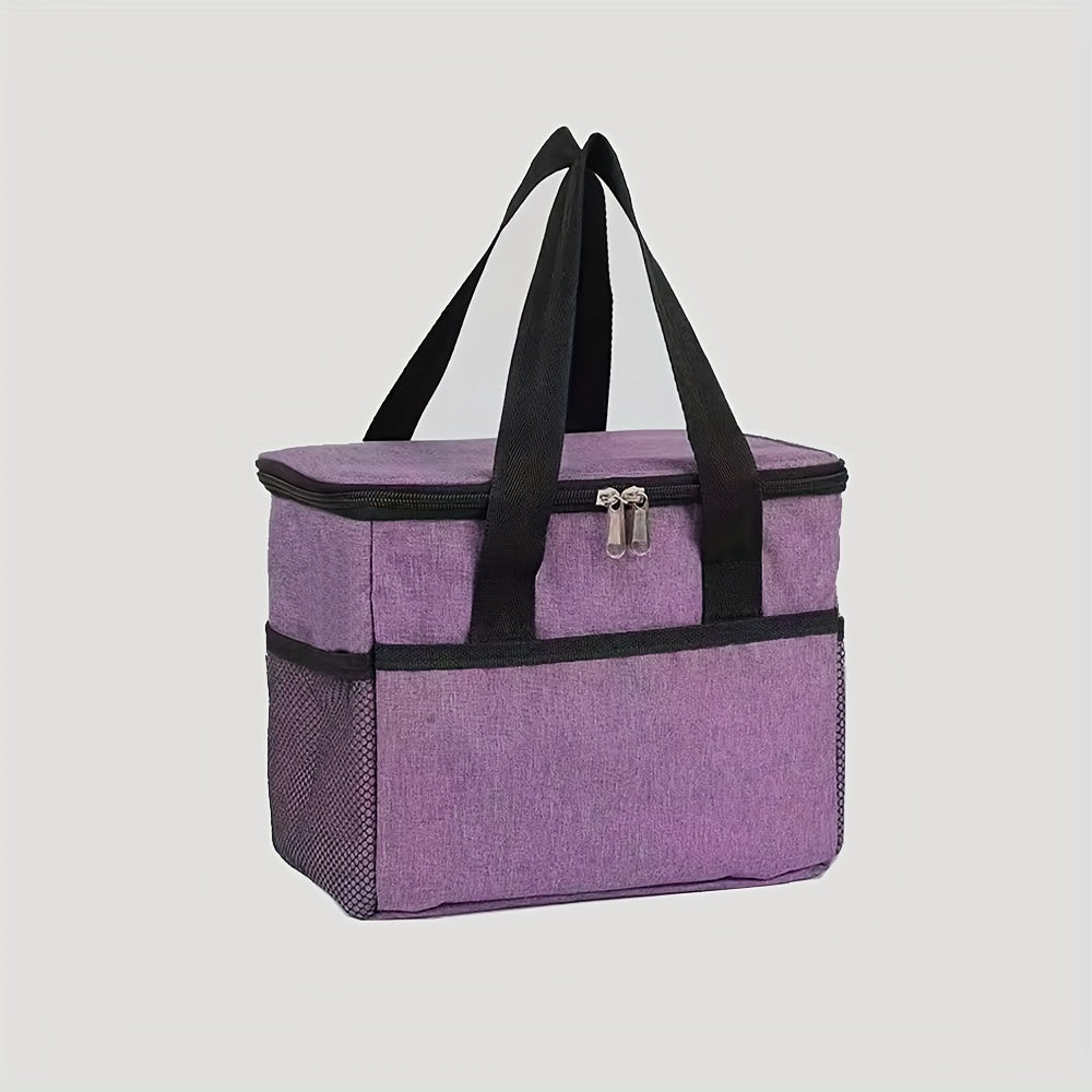 Insulated lunch bag with aluminum lining, made with double-layered Oxford fabric for a large capacity. Features front and side pockets, perfect for office, picnic, camping, or travel. Convenient and portable food storage option that is machine washable.