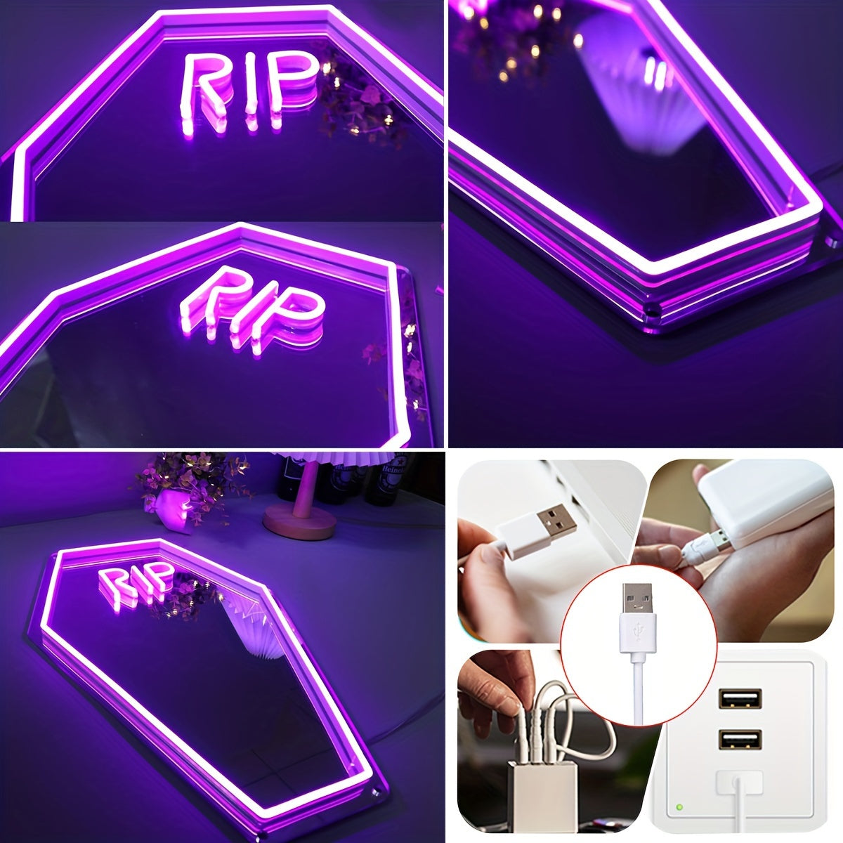 Neon Sign Mirror - Wall Mountable, USB Powered, Multi-Purpose Home Decor, Rest in Peace