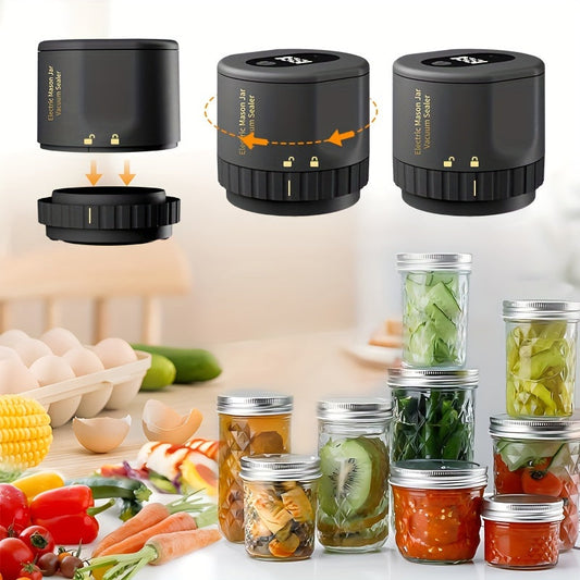 Keep your dry foods fresh with the Electric Mason Jars Vacuum Sealer, designed for both wide mouth and regular mouth mason jars. This set includes 5 lids each for wide mouth and regular mouth jars in black.