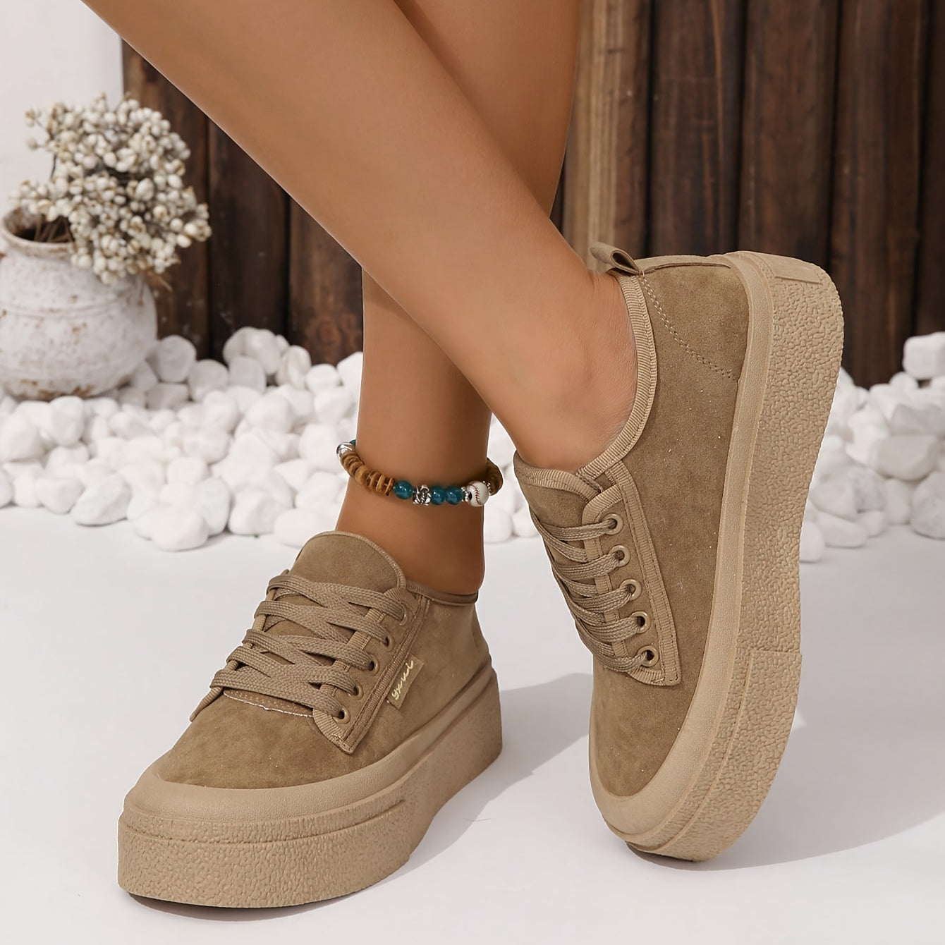 Women's fashion sneakers with solid color, low top lace-up design, comfortable fabric upper, durable PVC sole, all-season sports style.