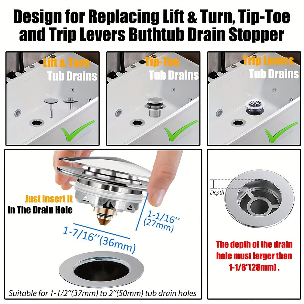 1-piece Tub Stopper - Replaces Multiple Drain Plugs, Easy to Install and Clean