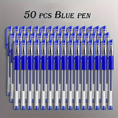 50-pack gel and ballpoint pen set with fine 0.5mm point in assorted black, blue, and red ink. Ideal for students, school, and office use with comfort grip. Suitable for ages 14 and above.