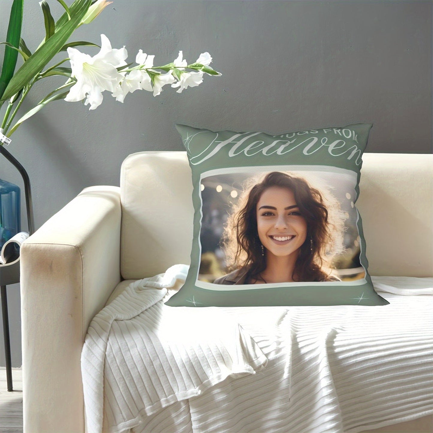 Customize your own photo pillowcase with "HUGS From Heaven" design - a special souvenir for your family, siblings, friends, and loved ones. Pillow core not included. Measures 45.72x45.72 cm with soft fabric and invisible zipper closure.