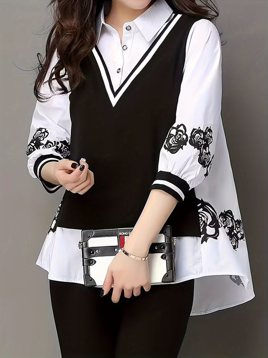 Stylish white and black chiffon shirt with random print design, featuring a unique fake two-piece design for a high-end look.