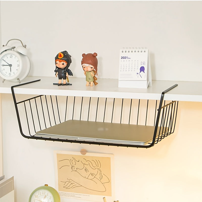 Kitchen organizer made of black cast iron - Features under shelf storage rack with paper holder and layered hanging basket for efficient space-saving.