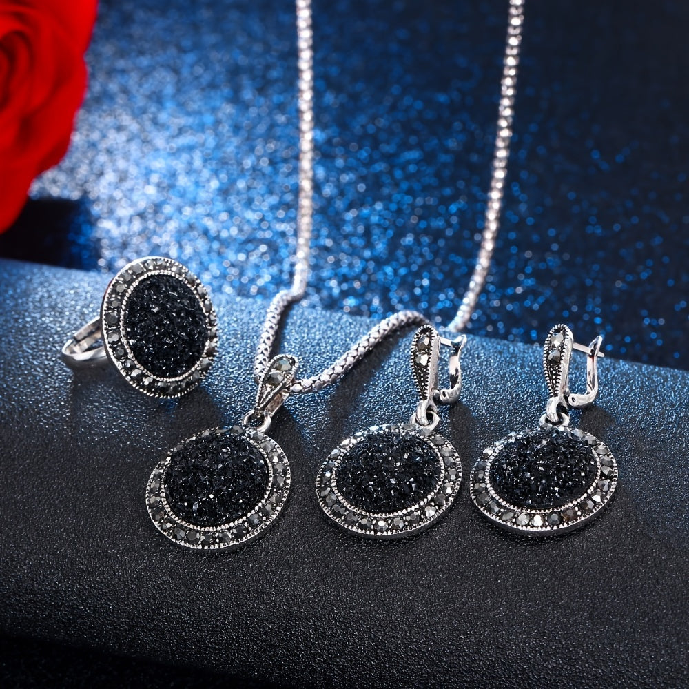 Vintage black crystal jewelry set in boho-chic style for women's parties and casual wear.