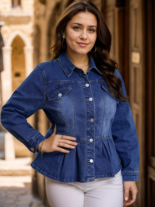 Plus Size Ruffle Hem Washed Blue Denim Jacket