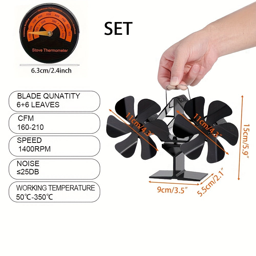 Fireplace Fan with Thermometer - Double-Headed 12-Blade Design, Heat-Powered Wood Stove Accessory for Improved Air Flow, No Electricity Needed