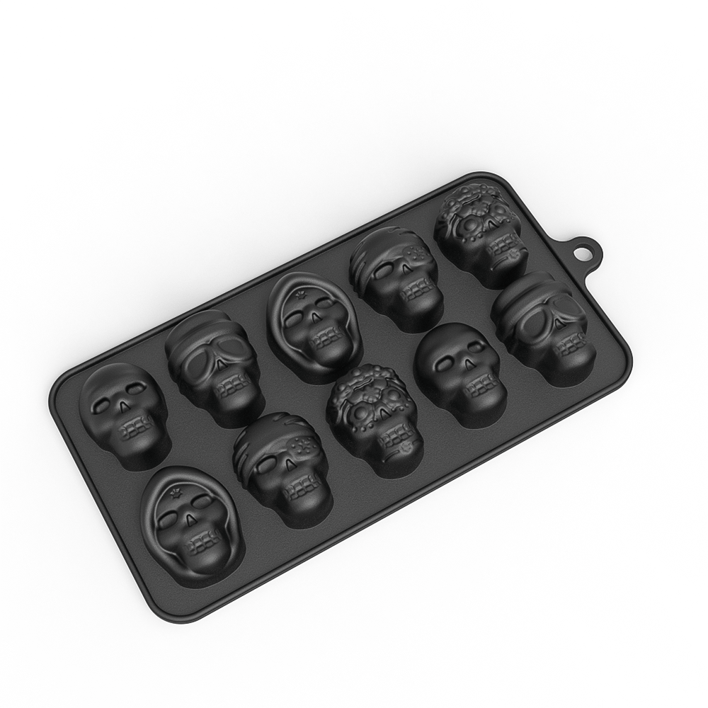 One piece or two pieces of a Halloween skull chocolate mold, featuring a 3D silicone design with 10 cavity candy mold for horror skull fondant. This baking tool is a kitchen gadget and accessory that also serves as Day of the Dead decor, measuring 4.32cm