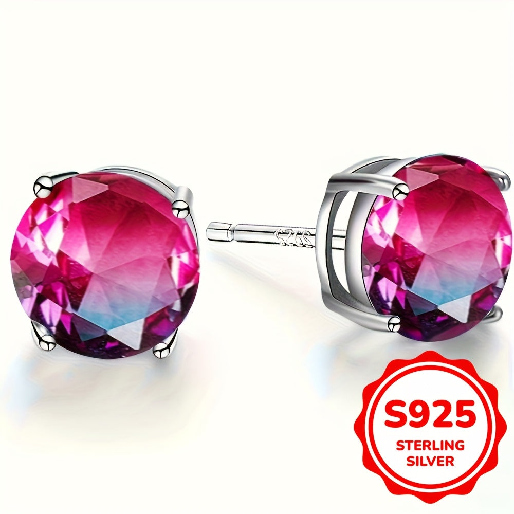 Elegant Sterling Silver Tourmaline Earrings, Round 925 Earrings with Multi-colored Gemstones, Hypoallergenic, Perfect for Women and Teens, 6-8 mm diameter