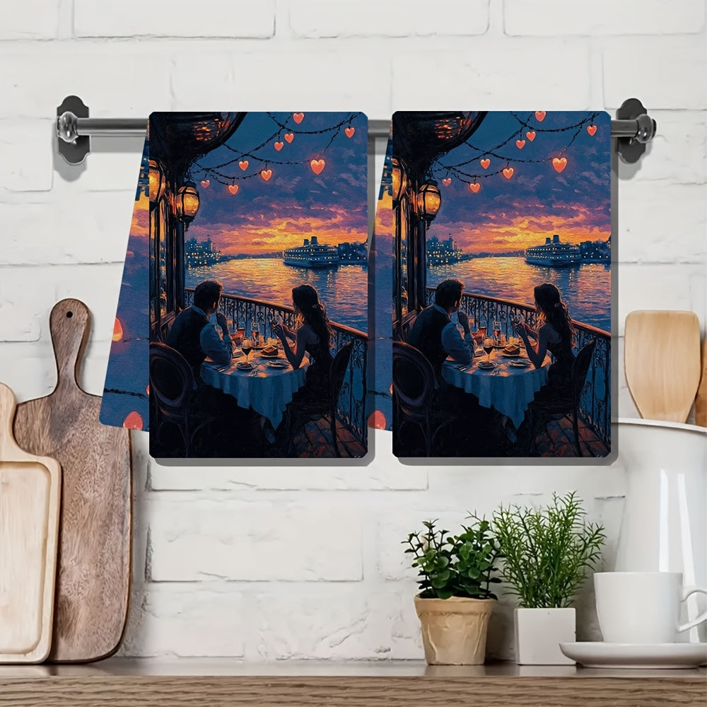 This set includes 2 ultra-soft kitchen towels with the artwork of a couple enjoying a dinner cruise. The scene depicts them dining at a table with a beautiful view, dancing to music, and surrounded by heart-shaped lights on the ship's railing. These