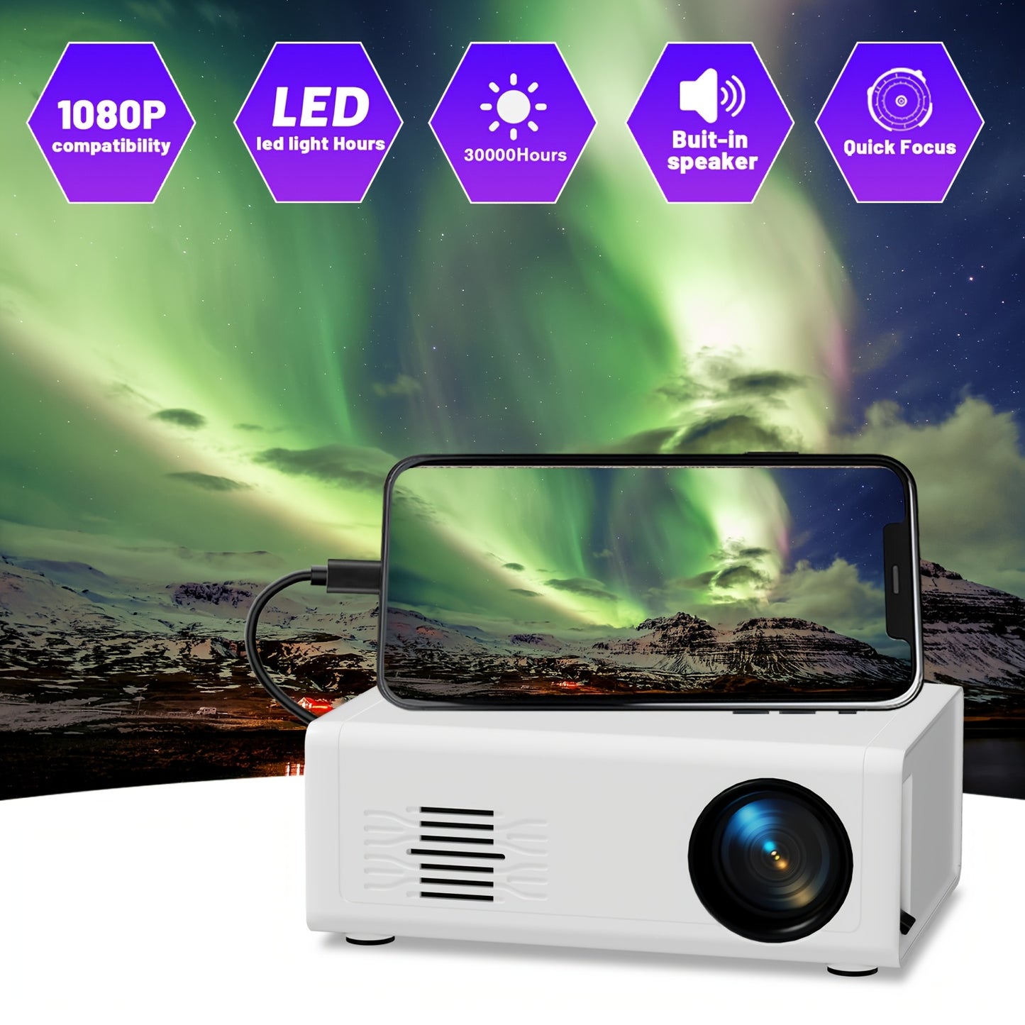 Compact ZRZTM M1-EU Plug Mini Projector with fast focus, speaker, and remote control for family movie nights in the bedroom. Compatible with Android/Windows/TV Stick, with AV/TV/USB